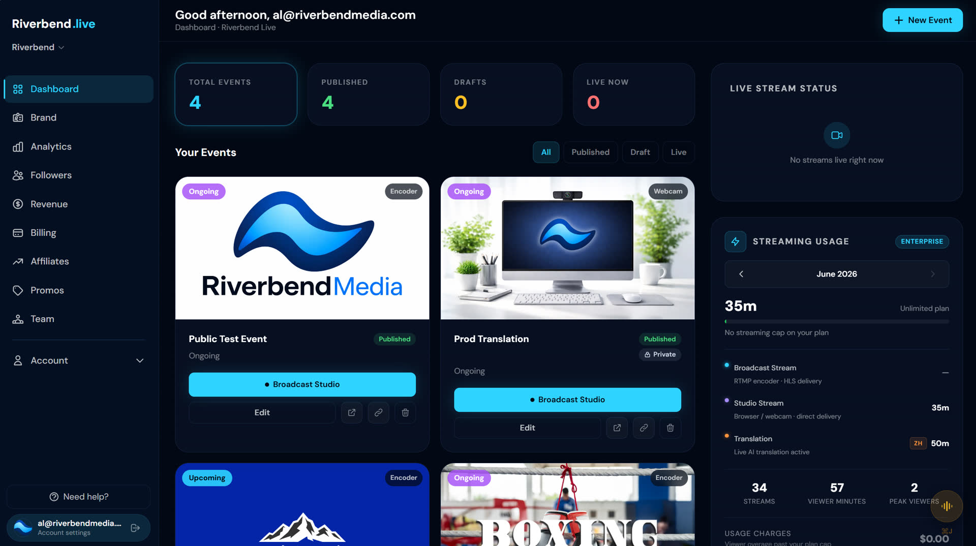 Riverbend Live organizer dashboard